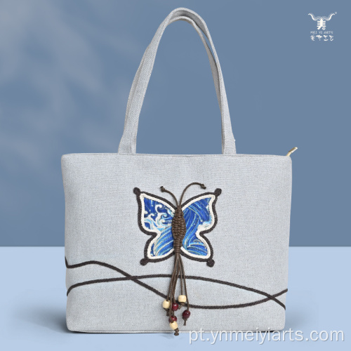 Elegante bolsa de ombro de linho borboleta colorida para mulheres